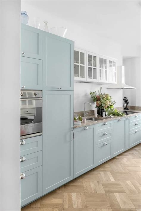 Solid wood dresser with buffet hutch farrow ball painted. Cool mint / duck egg blue kitchen. Mix of Ikea base and ...