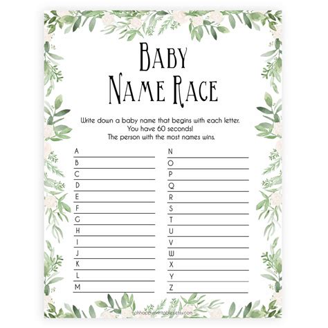 Baby shower name game printable. Baby Name Race Game - Printable Greenery Baby Shower Games ...