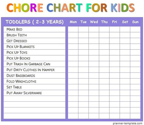 Printable Weekly Chore Chart Template For 2 3 Years Kids