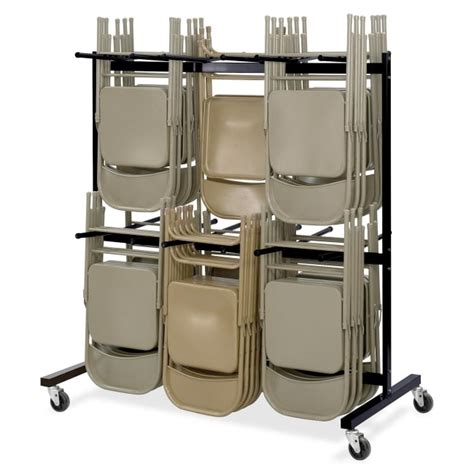 A wall mounted rack to store and organize folding chairs when not in use. Double Tier Hanging Folding Chair Cart | The Furniture Family