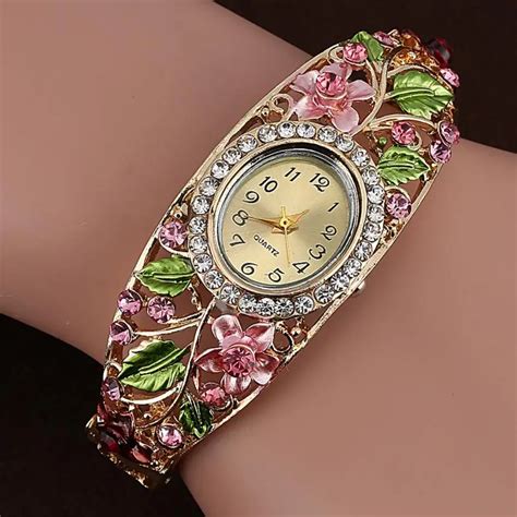 Bangle Watches Gold Plated Crystal Flower Women Bracelet Dress Quartz Watch Luxury Digital