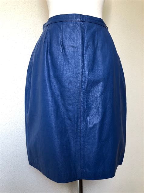 Vintage Blue Leather Skirt 27 Waist With Pockets Pencil Skirt Etsy