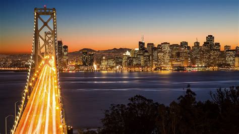 San Francisco Night Bridge Building Long Exposure Light Trails Wallpapers Hd Desktop And