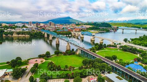 Drone Aerial Of Downtown Chattanooga Tennessee Skyline Stock Photo