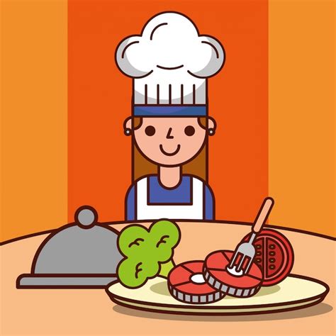 Premium Vector Chef Girl Cartoon Dinner Preparation Fish Tomato Broccoli