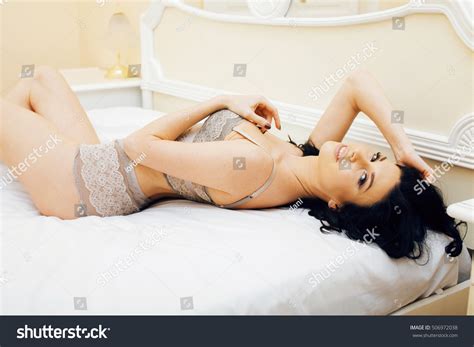 Sexy Beautiful Brunette Woman Lying Bed Stock Photo Edit Now 506972038