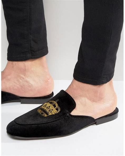 Asos Mule Dress Slipper In Black Velvet With Crown Embroidery In Black