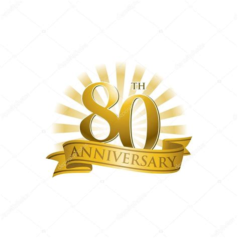 80th Anniversary Ribbon Logo With Golden Rays Of Light — Stock Vector