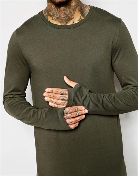 Lyst Asos Longline Long Sleeve T Shirts With Thumbholes In Khaki In