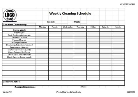Weekly Cleaning Schedule Haccp Etsy