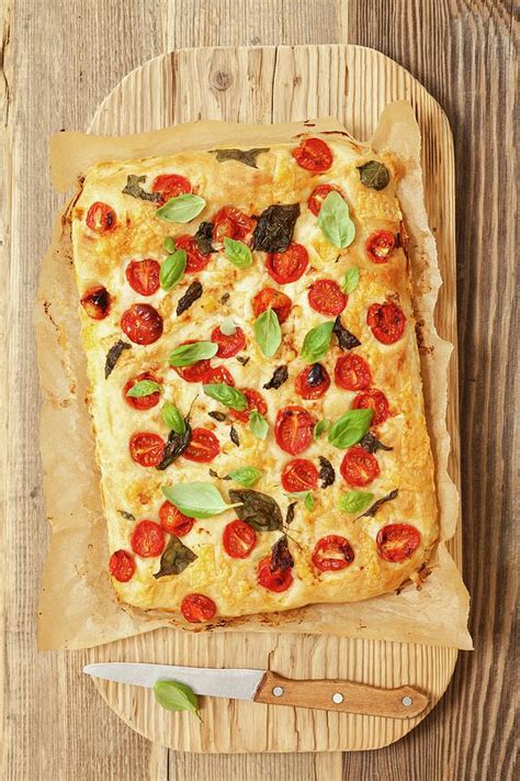Focaccia With Cherry Tomatoes Goats Cheese And Basil Photograph By