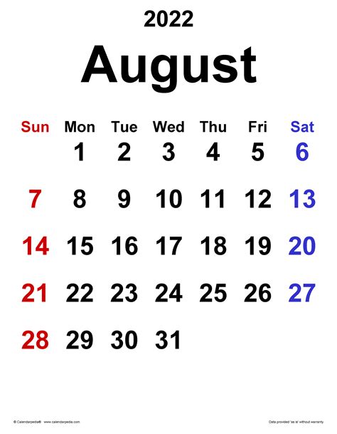Month Calendar Aug 2022