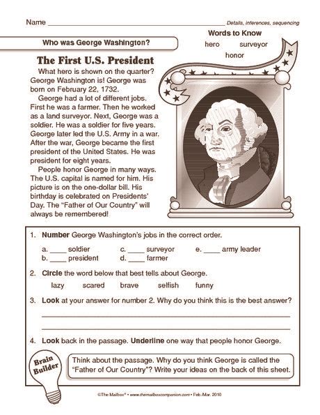 Presidents Day Worksheet George Washington The Mailbox Homeschool