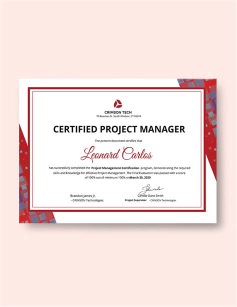 Professional Project Management Certificate Template In Illustrator