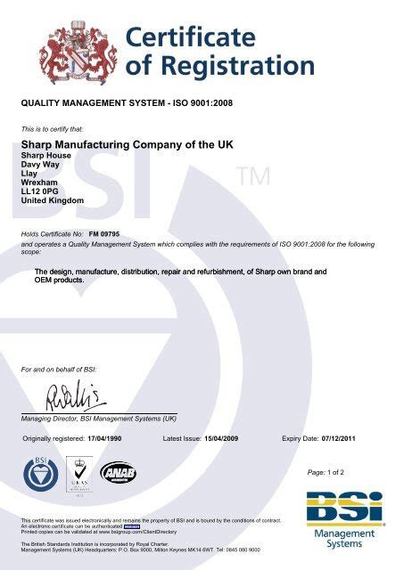 Iso 9001 Certificate Sharp Manufacturing Uk