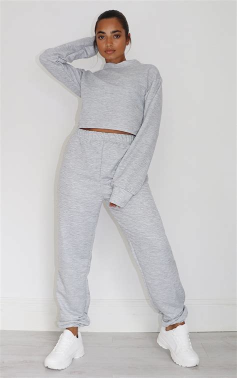 Petite Grey Cropped Sweat And Jogger Set Prettylittlething