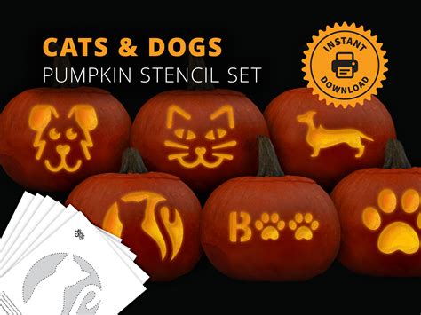 Cats And Dogs Printable Pumpkin Carving Stencil Set Animal Etsy