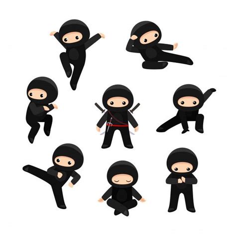 Conjunto De Ninja Bonito Dos Desenhos Animados Em Várias Poses Vetor