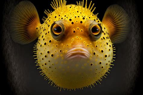 Bright Yellow Dangerous Puffer Fish With Sharp Spikes On Back Stock