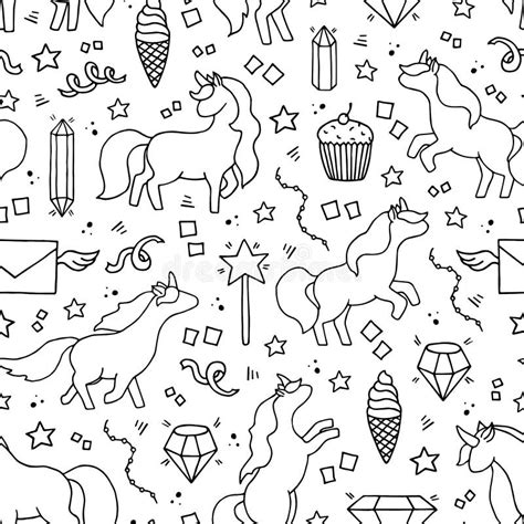 Black And White Hand Drawn Seamless Pattern With Unicorns Stock Vector