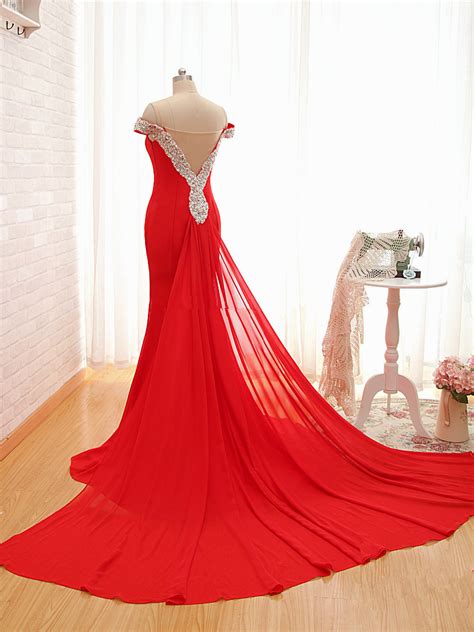 Stunning Red Chiffon Mermaid Formal Dresses With Beaded Bateau Neckline And Illusion Back Long