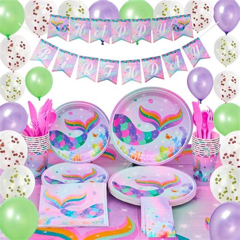 Rainbow Mermaid Party Supplies Kit Summer Pool Party Decorations For Girls Sparkle Birthday