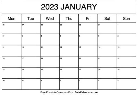 January Calendar 2023 Printable