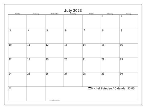 July 2023 Printable Calendar “32ms” Michel Zbinden Us