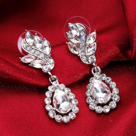 bella fashion luxry teardrop dangle bridal earrings clear rhinestone crystal pierced earrings