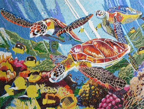 Colorful Sea Turtles And Fish Glass Mosaic Mural Marine Lifeandnautical