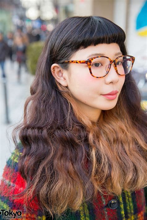 Harajuku Girl In Glasses W Kinji Plaid Coat Ombre Hair And Loafers Tokyo Fashion