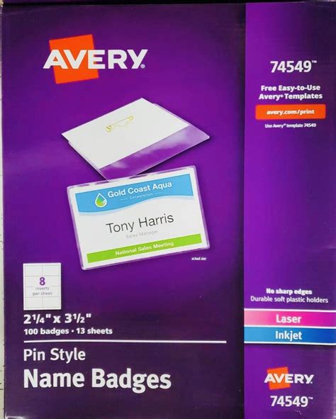 Avery 74549 Pin Style Top Loading Name Badges 225 X 35 Inches White