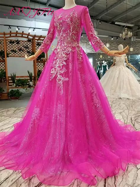 Axjfu Princess Peach Pink Lace Evening Dress Beading Flower Luxury Three Quarter Sleeve Evening
