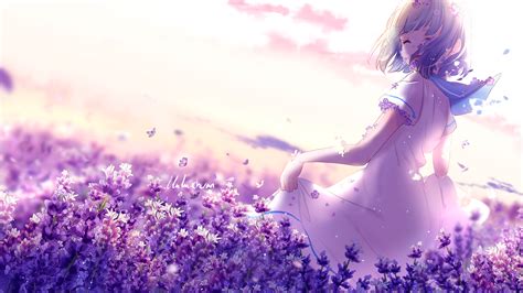 Anime Girl Lavender Purple Flowers 4k Wallpapers Hd