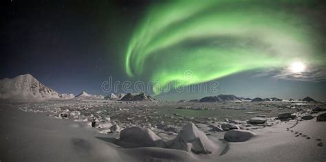 Northern Lights Over The Frozen Fjord Panorama Stock Images Image