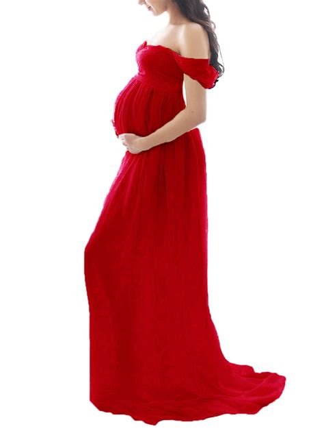 Women Summer Loose Pregnant Dress Solid Color Off Shoulder Chiffon Gown Maternity Front Split