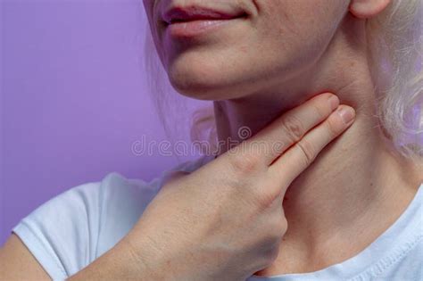 A Young Woman Measures The Pulse On Her Neck Stock Photo Image Of