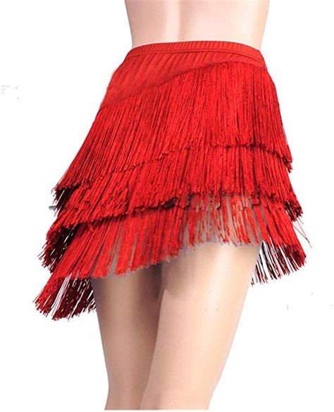 Women Latin Tango Ballroom Tassel Fringe Skirt Samba Salsa Dance Dress Dancewear Red Mini Skirt