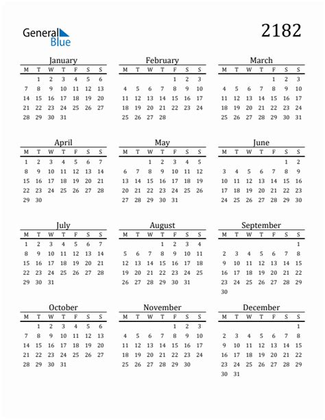 Year 2182 Free Printable 12 Month Calendar