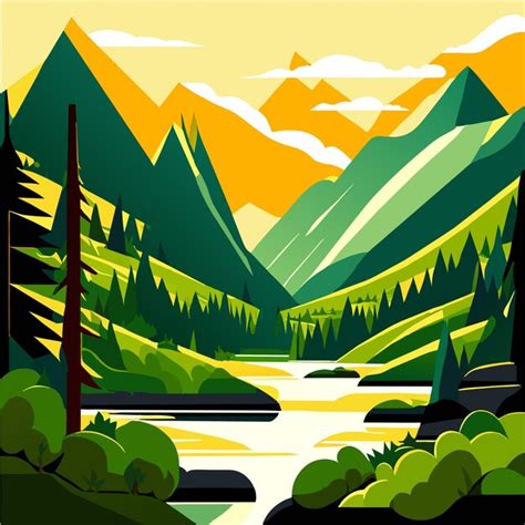Premium Vector Nature Scene With River And Hills Forest And Mountain