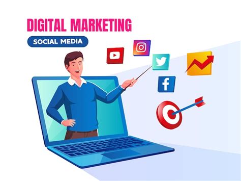 Premium Vector Digital Marketing Social Media With A Man Laptop And