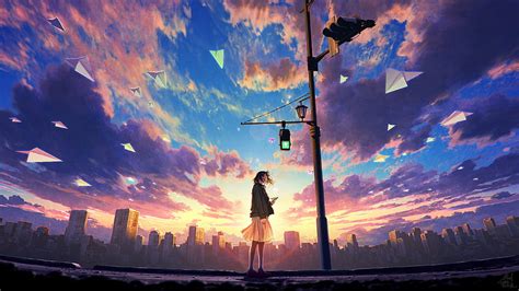 Anime Girl Sky Clouds Sunrise Scenery Aesthetic Anime Sky Hd