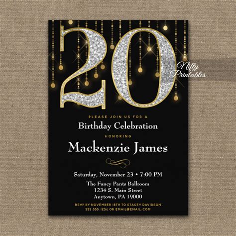 20th Birthday Invitations Black Gold Diamonds Adult Nifty Printables