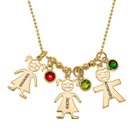 Mothers Necklace With Children Charms And Birthstones In 18k Gold