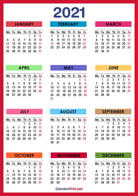 2021 Calendar With Holidays Printable Free Colorful Red Orange