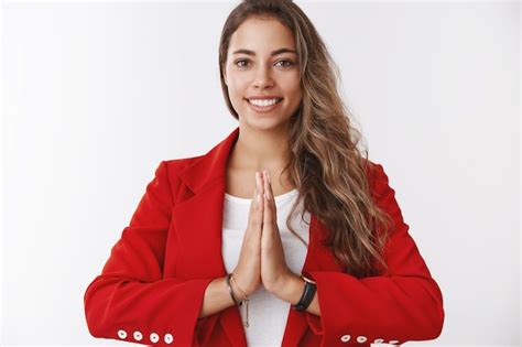 Premium Photo Attractive Relaxed Female Entrepreneur Greeting Asian Partners Namaste Gesture