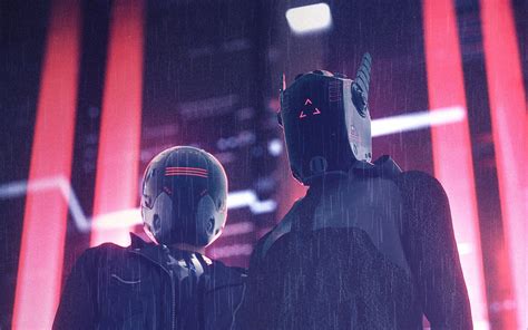 Download Wallpaper 2560x1600 Helmets Masks Cyberpunk Night Rain