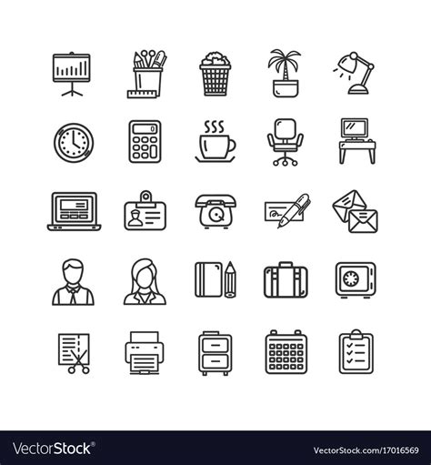 Symbol Office Work Black Thin Line Icon Set Vector Image