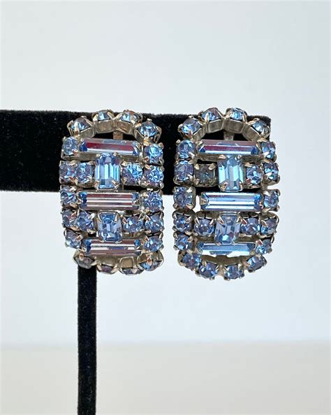 Vintage Light Blue Rhinestone Earrings 1960s Silver Etsy