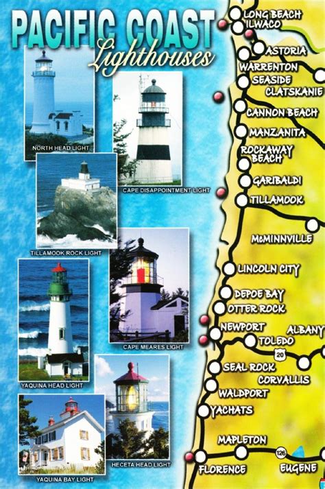 Postcard Of Washington And Oregon Coast Lighthouse Map United States